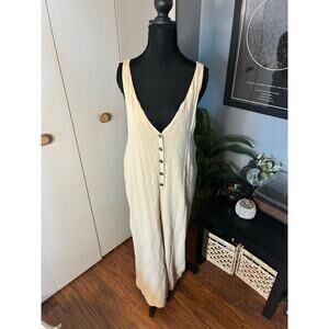 En Crème Textured Button-Front Jumpsuit Dress Size M Linen Look Crisscross Boho